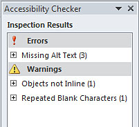 Image demonstrates inspection results in Accessibility  Checker task pane.